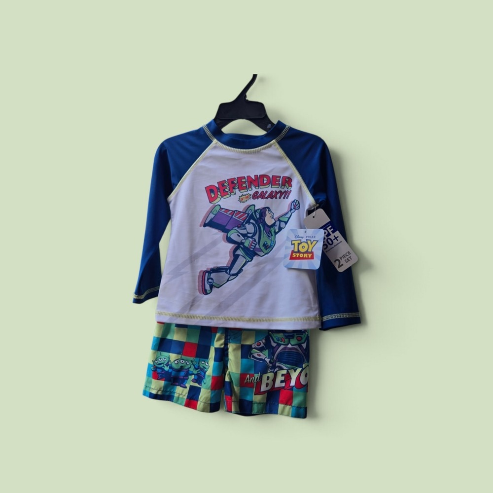 NWT Disney Toy Story Buzz Lightyear 2 Pc Rash Guard & Trunks Set UPF 50+ 18 mos
